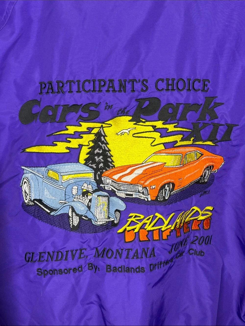 Purple Bomber Jacket with Vintage Car Embroidery